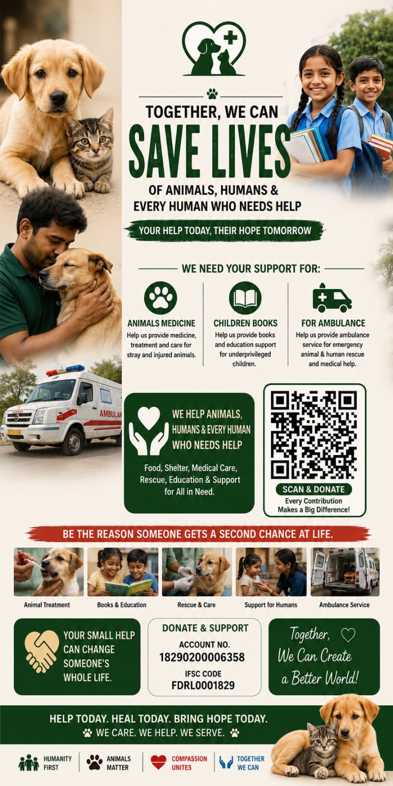 ST Foundation save lives donation poster with animals, children, ambulance mission and QR code